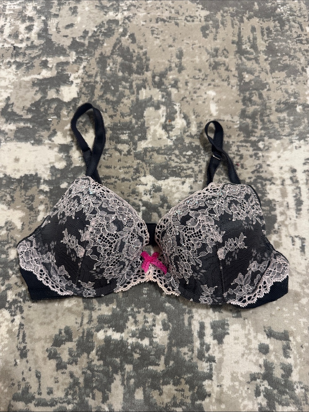Victoria's Secret Black Lace Bra with Light Pink Trim and Hot Pink Bow